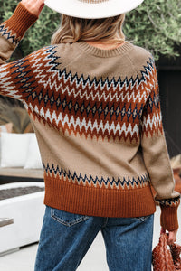 Rust and Tan Aztec Design Crew Neck Sweater