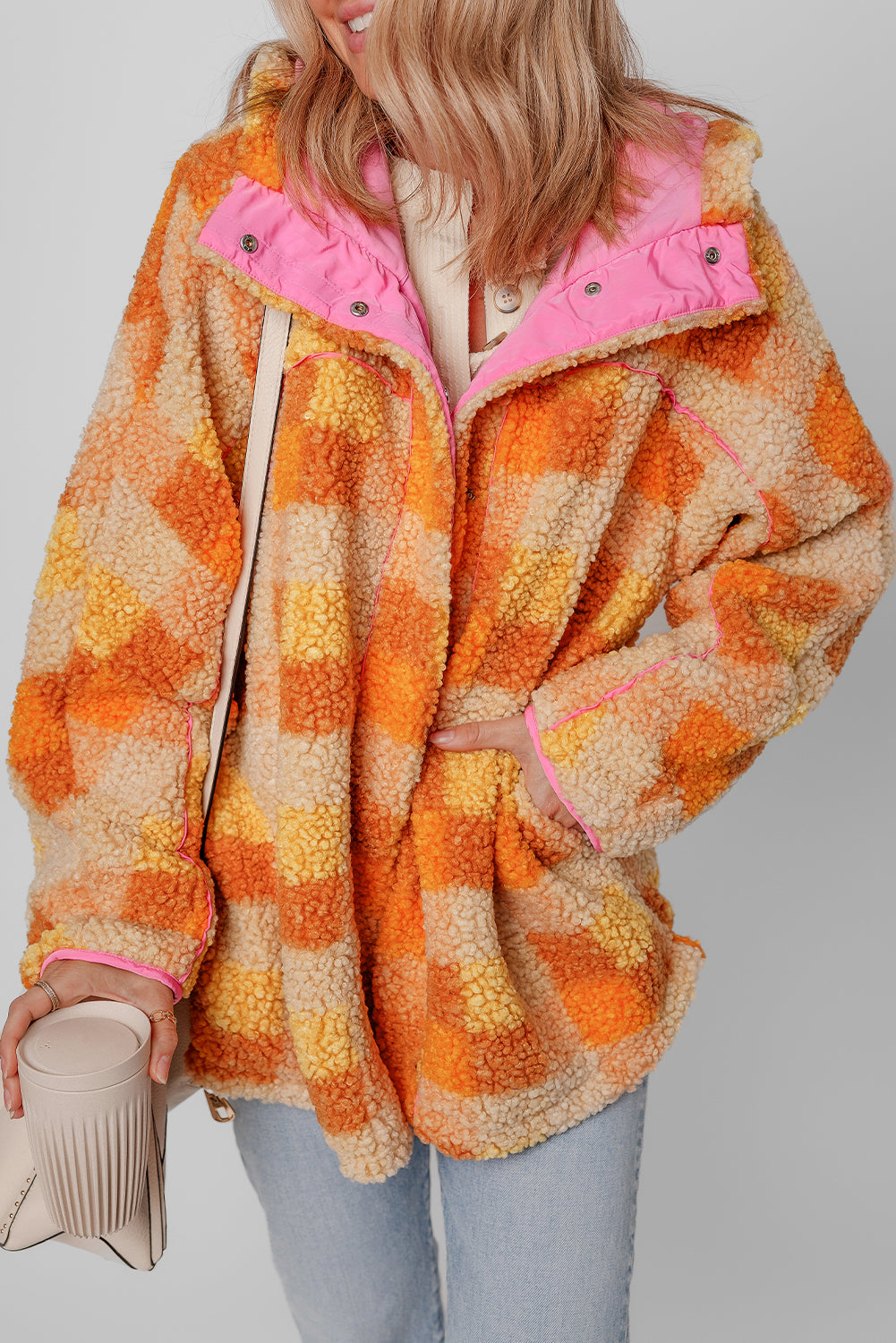 Orange & Yellow Checkered Sherpa Snap Up Pink Lined Hooded Jacket