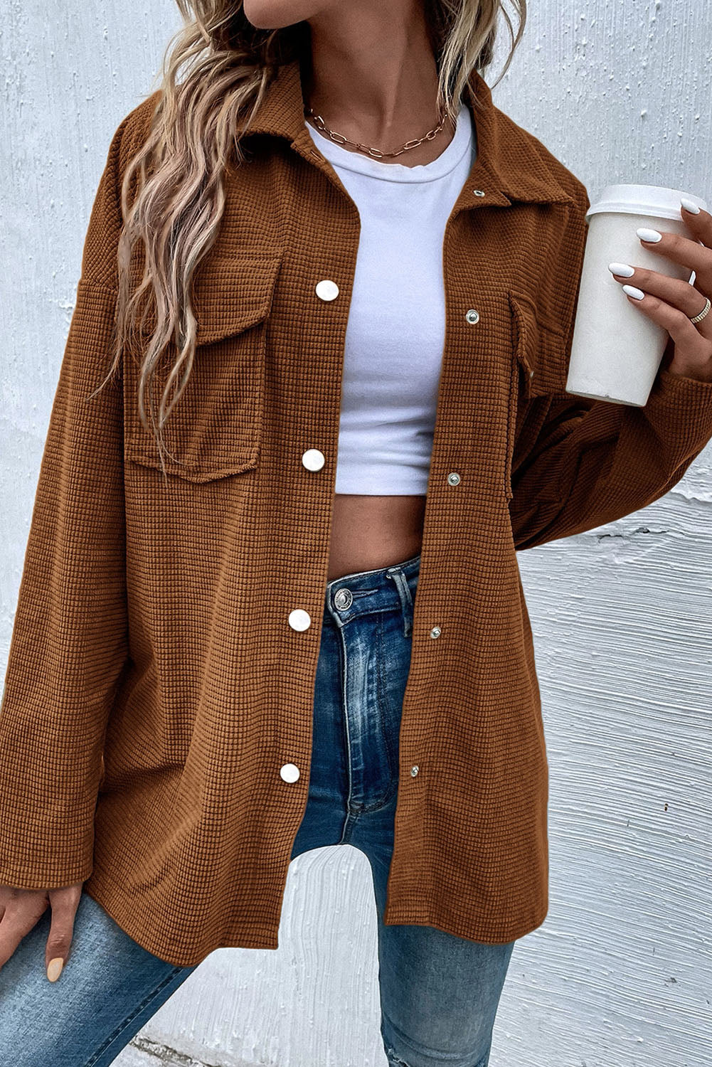 Rustic Brown Textured Flap Chest Pockets Snap Up Oversized Shirt