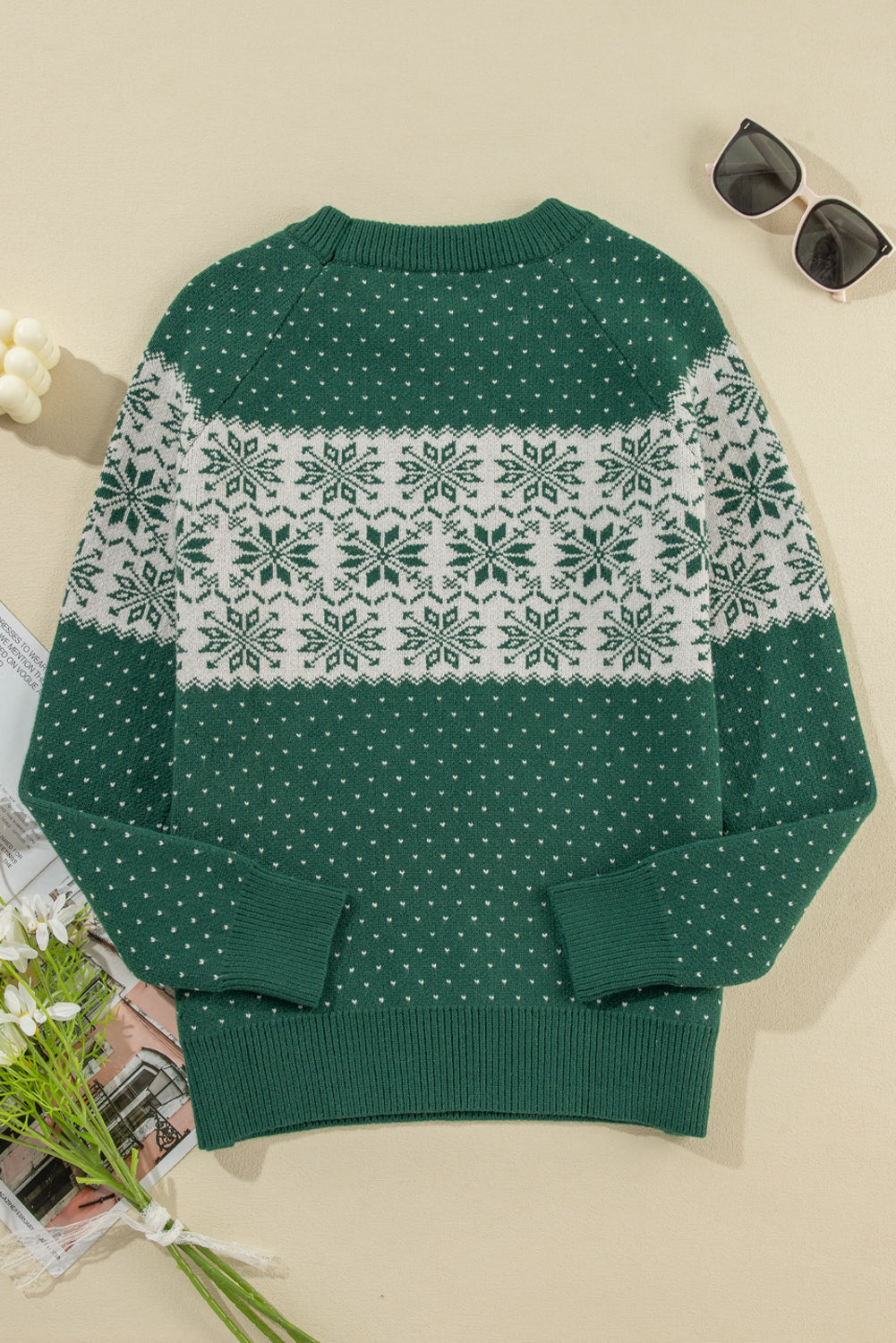 Green Snowflake Dotted Crew Neck Knit Sweater