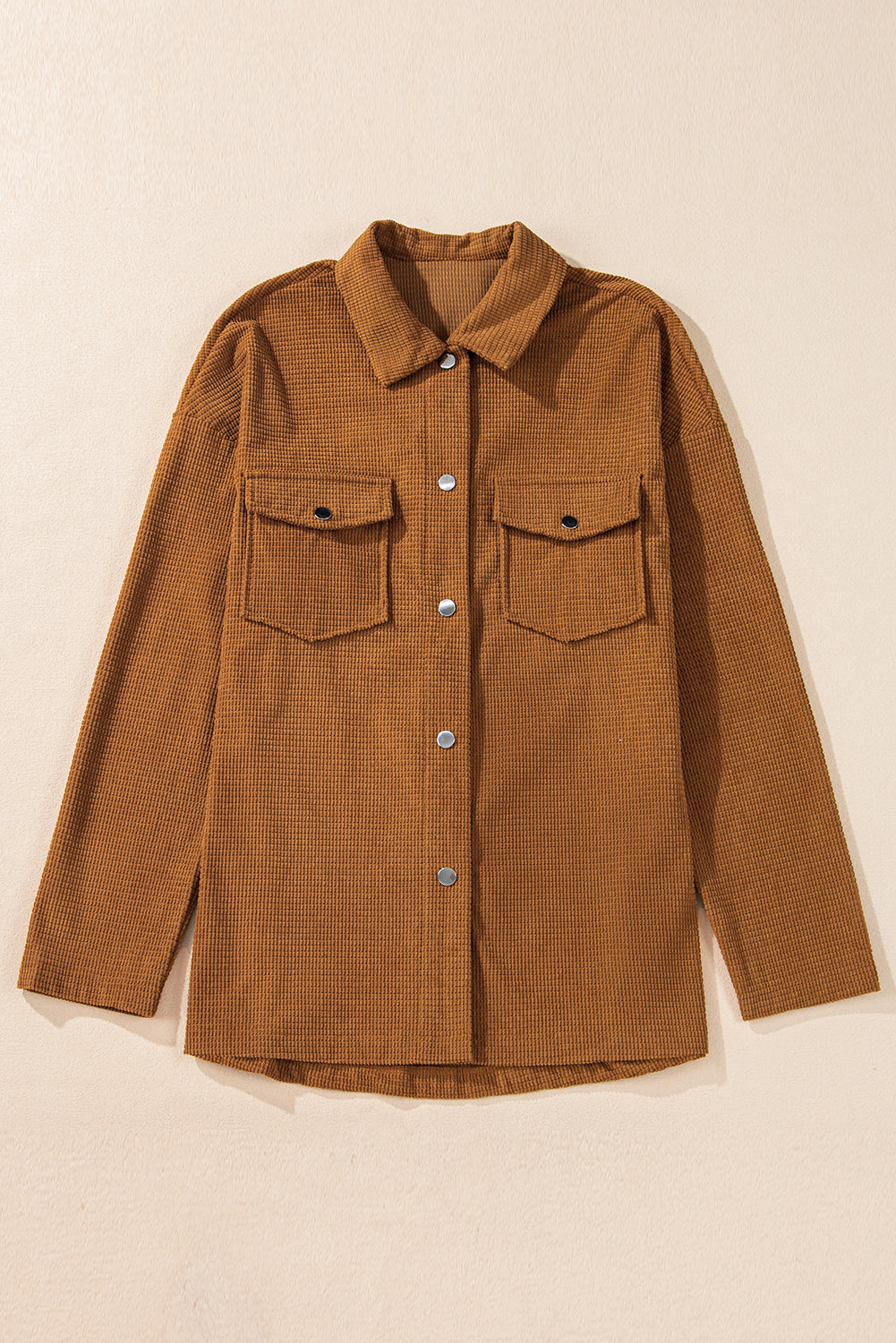 Rustic Brown Textured Flap Chest Pockets Snap Up Oversized Shirt