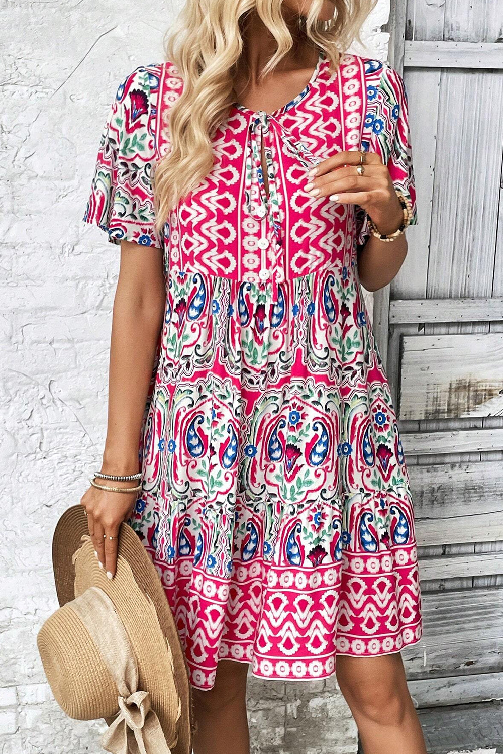 Fuchsia Pink Bohemian Print Tie Neck Ruffled Mini Dress