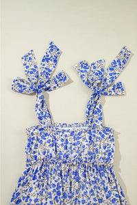 Blue Mini Floral Adjustable Shoulder Strap Tiered Babydoll Dress