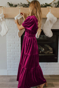 Magenta Velour Short Sleeve Shirred Waist Tiered Maxi Dress