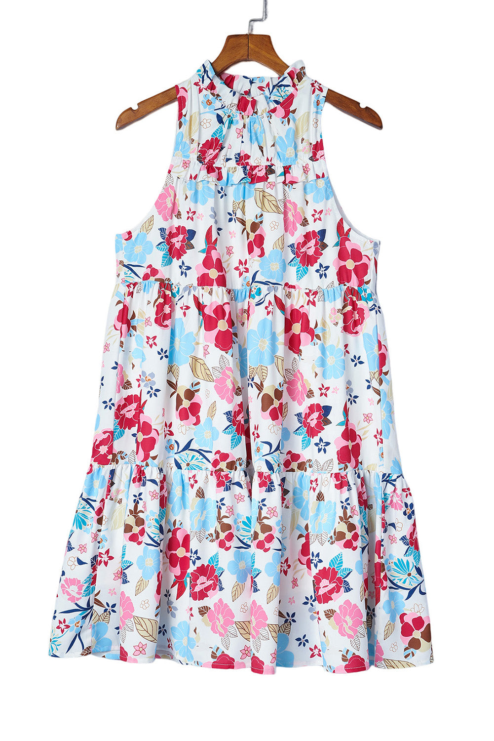 Pink and Blue Floral Tiered A-Line Mini Dress