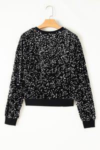 Black Sequined Long Sleeve Cropped Pullover