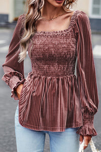 Velour Square Neck Smocked Long-sleeve Babydoll Top