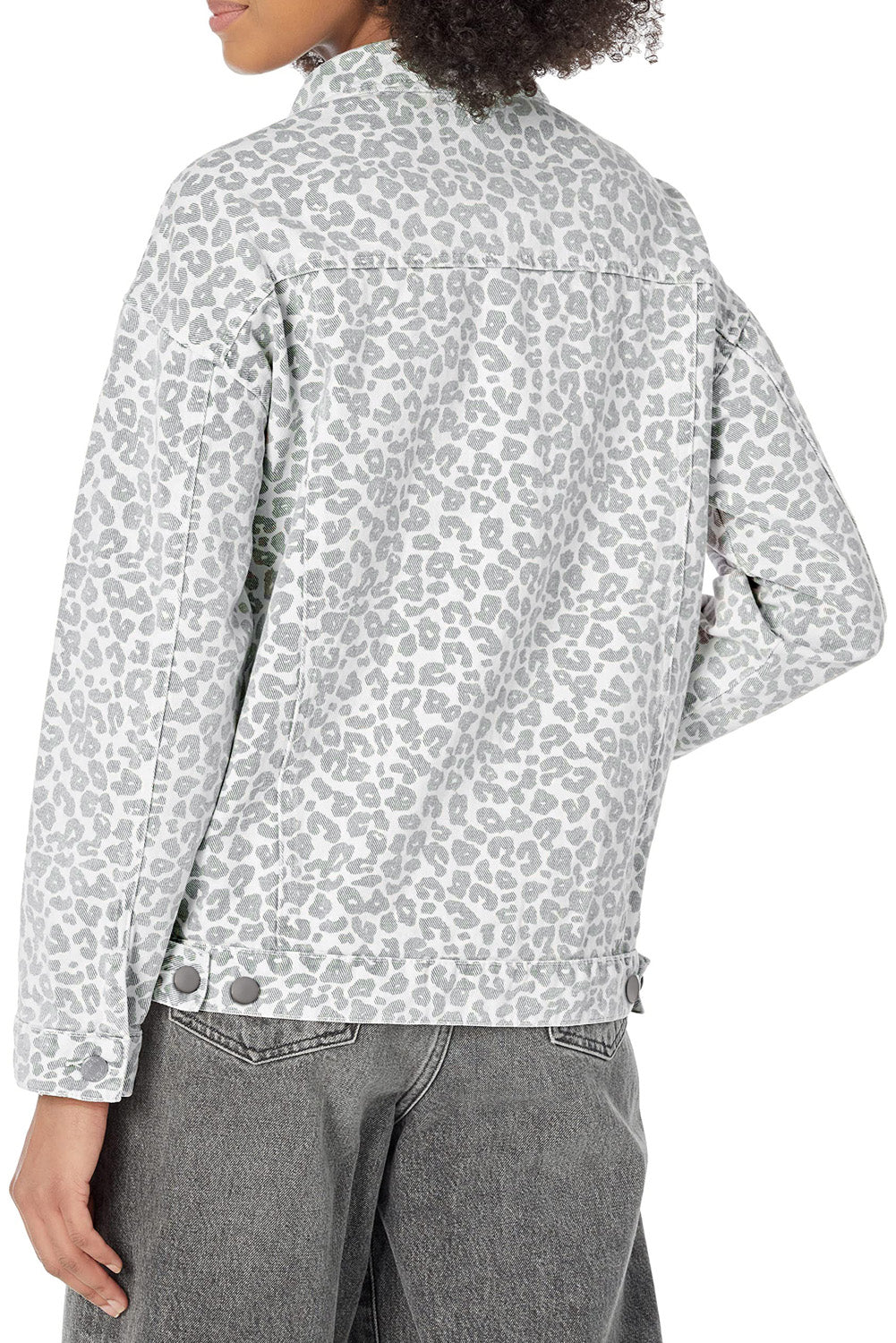 White & Gray Leopard Print Button Down Denim Jacket