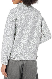 White & Gray Leopard Print Button Down Denim Jacket