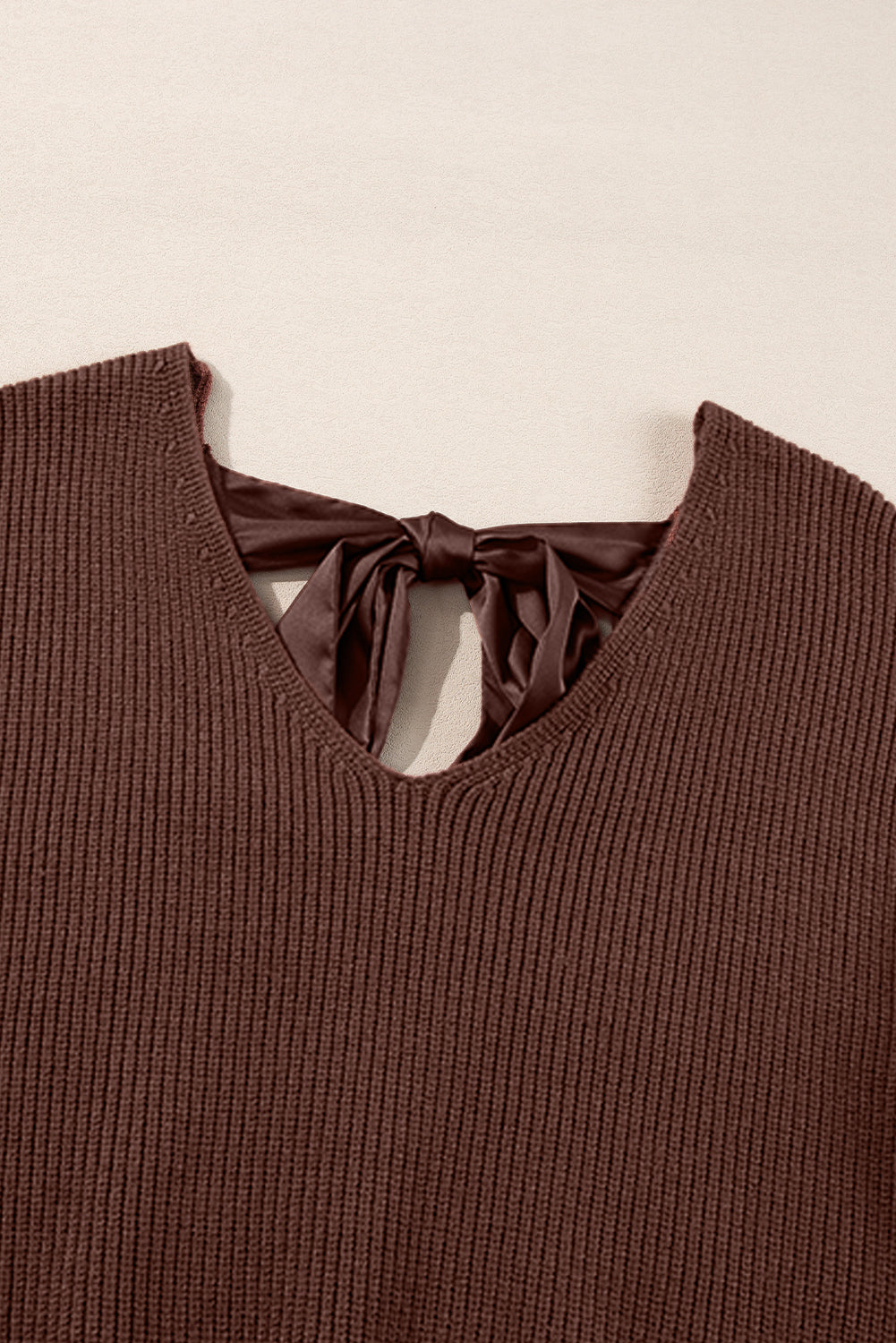 Coffee Lantern Sleeve V-Neck Open Tie Back Sweater