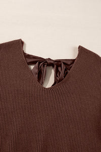 Coffee Lantern Sleeve V-Neck Open Tie Back Sweater