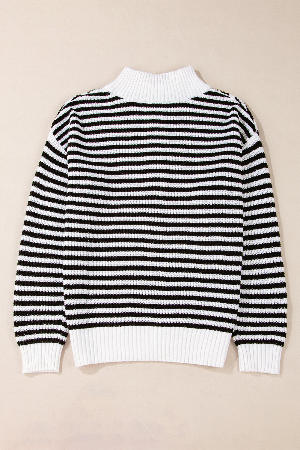 Black and White Stripe 1/4 Zip Mock Collar Drop Shoulder Sweater