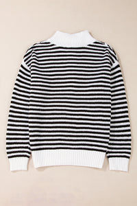 Black and White Stripe 1/4 Zip Mock Collar Drop Shoulder Sweater