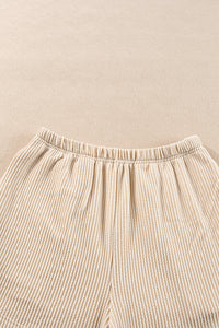 Cream Corded Knit Long Sleeve Top and High Waist Shorts Set