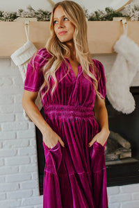 Magenta Velour Short Sleeve Shirred Waist Tiered Maxi Dress