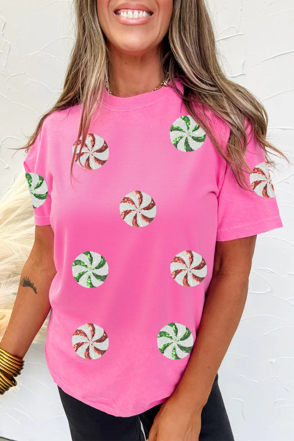 Pink Sequined Peppermint Candy Christmas Tee
