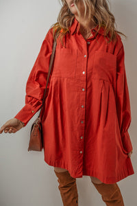 Rustic Red Bishop Sleeve Button Up Pleated Cotton Linen Mini Shirt Dress