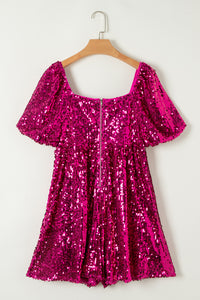 Bright Fuchsia Pink Short Puff Sleeve Sequin Romper