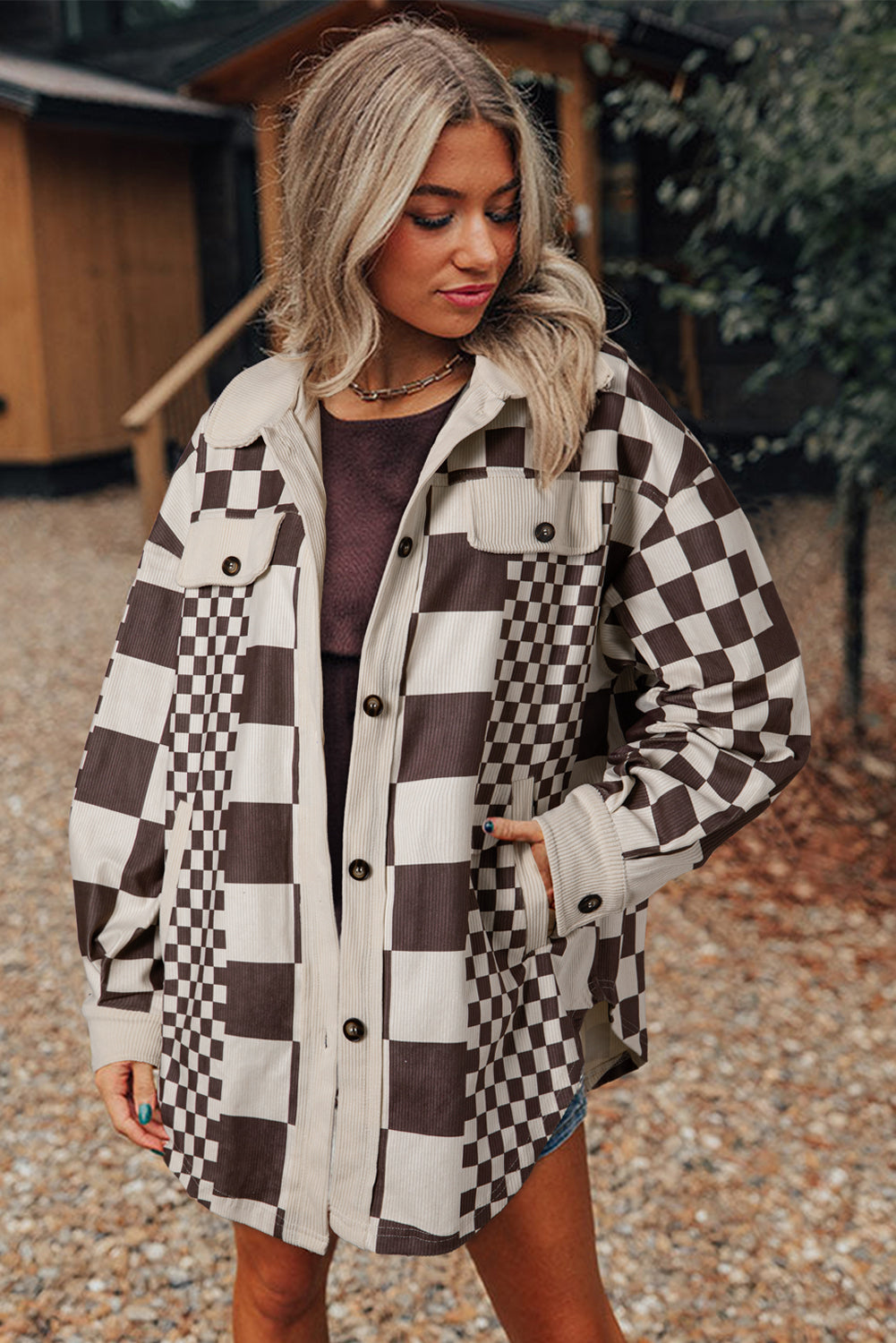 Brown Checkered Print Patchwork Corduroy Oversized Shacket