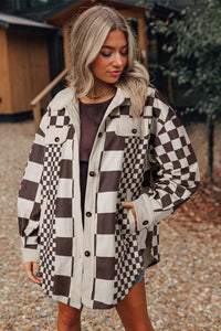 Brown Checkered Print Patchwork Corduroy Oversized Shacket