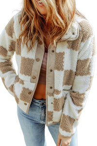 Brown & Cream Checked Snap Button Up Sherpa Jacket