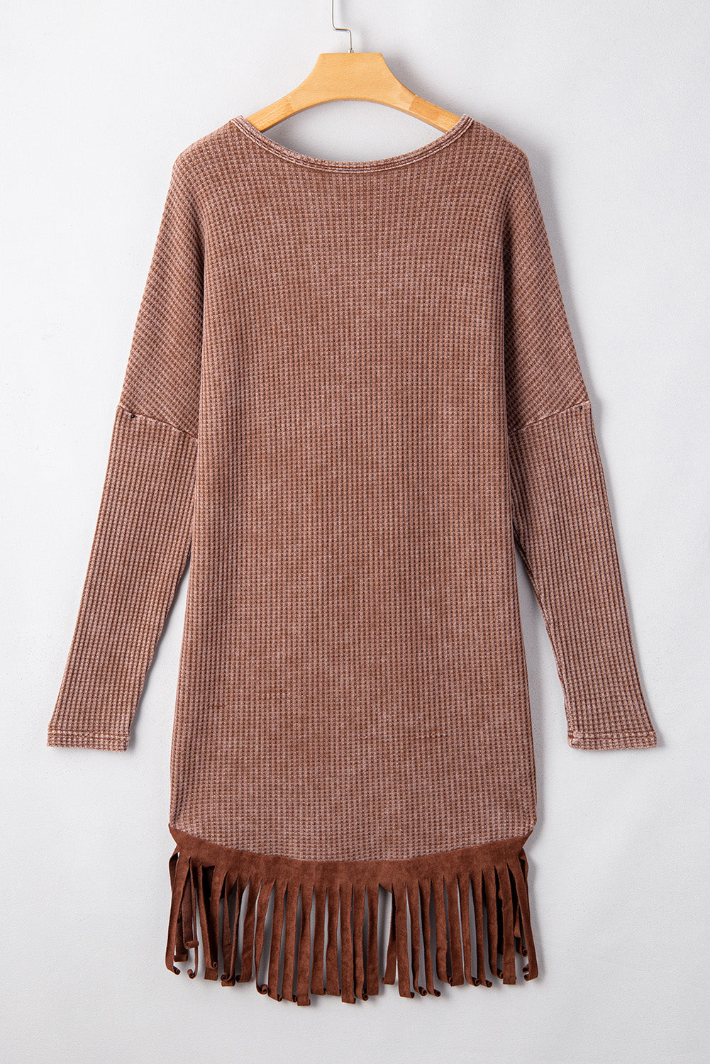 Brown Waffle Knit Fringed High Low Long-sleeve Top