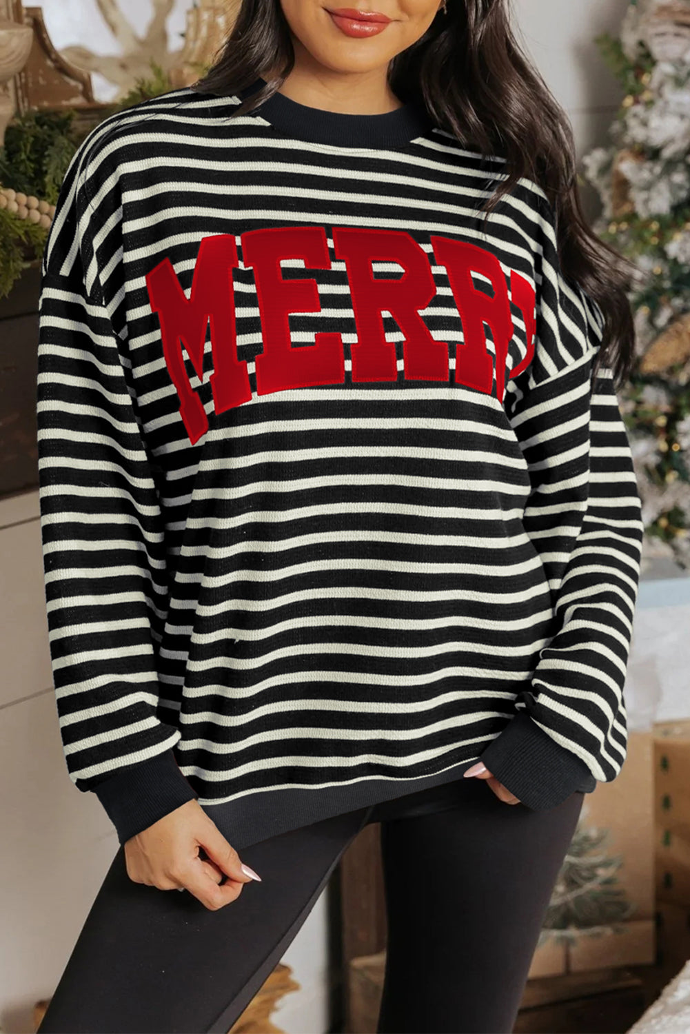 Black Stripe Red MERRY Appliqué Christmas Drop Shoulder Sweatshirt