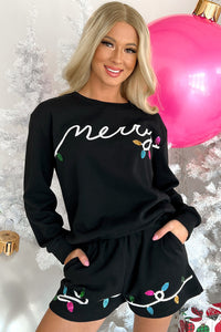 Merry Sequined Christmas Lights Black Sweatshirt and Shorts Sets