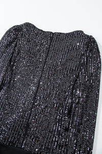 Black Sequin V-Neck Back Zip Up Long Sleeve Bodysuit