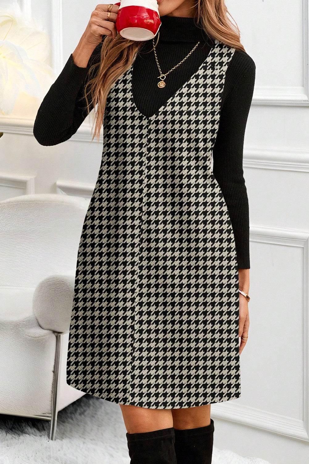 Houndstooth V-Neck Sleeveless Mini Dress