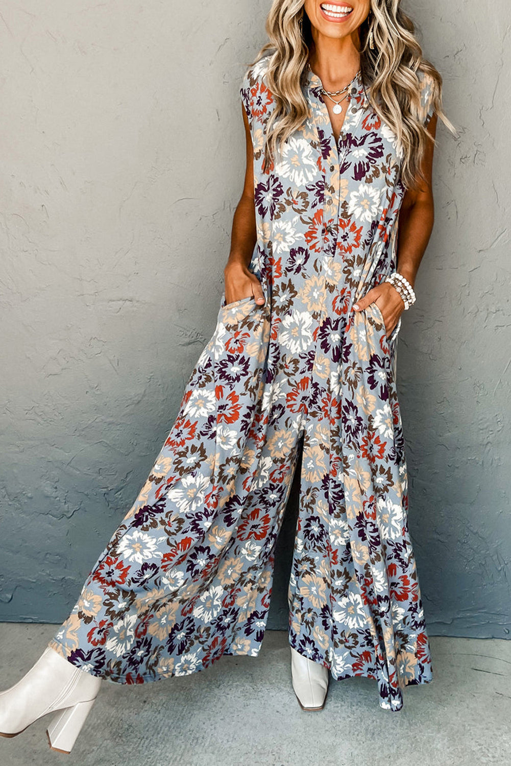 Khaki and Blue Floral Sleeveless V-neck Pocketed Wide Leg Jumpsuit