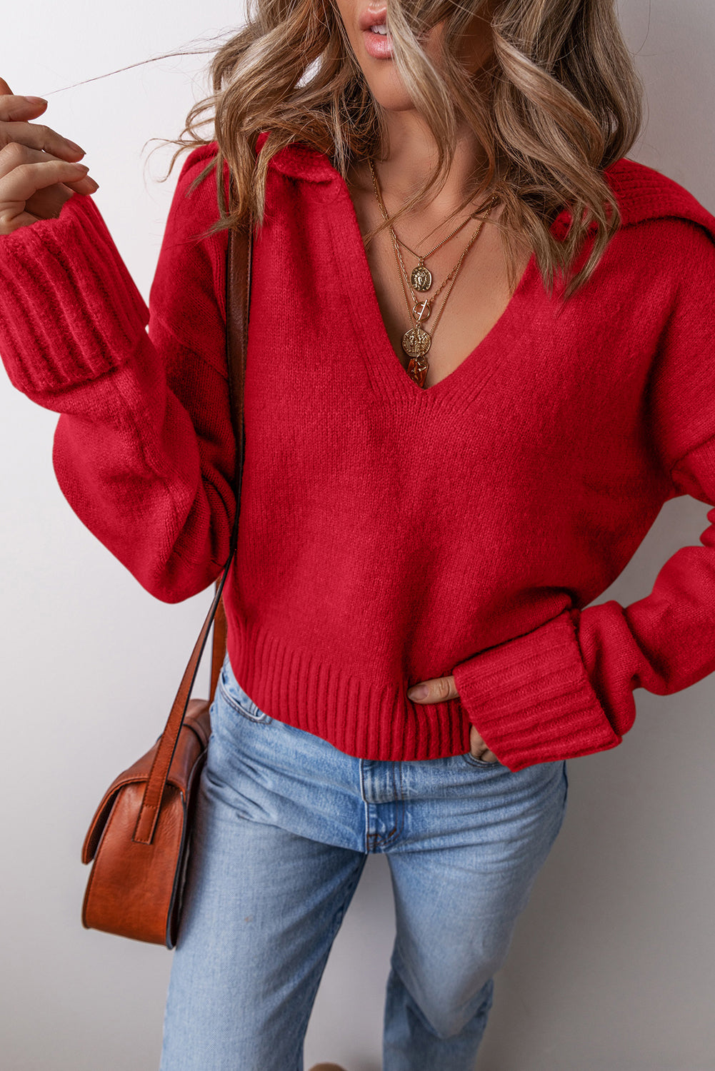 Sailor Collar V-Neck Long Sleeve Knit Sweater