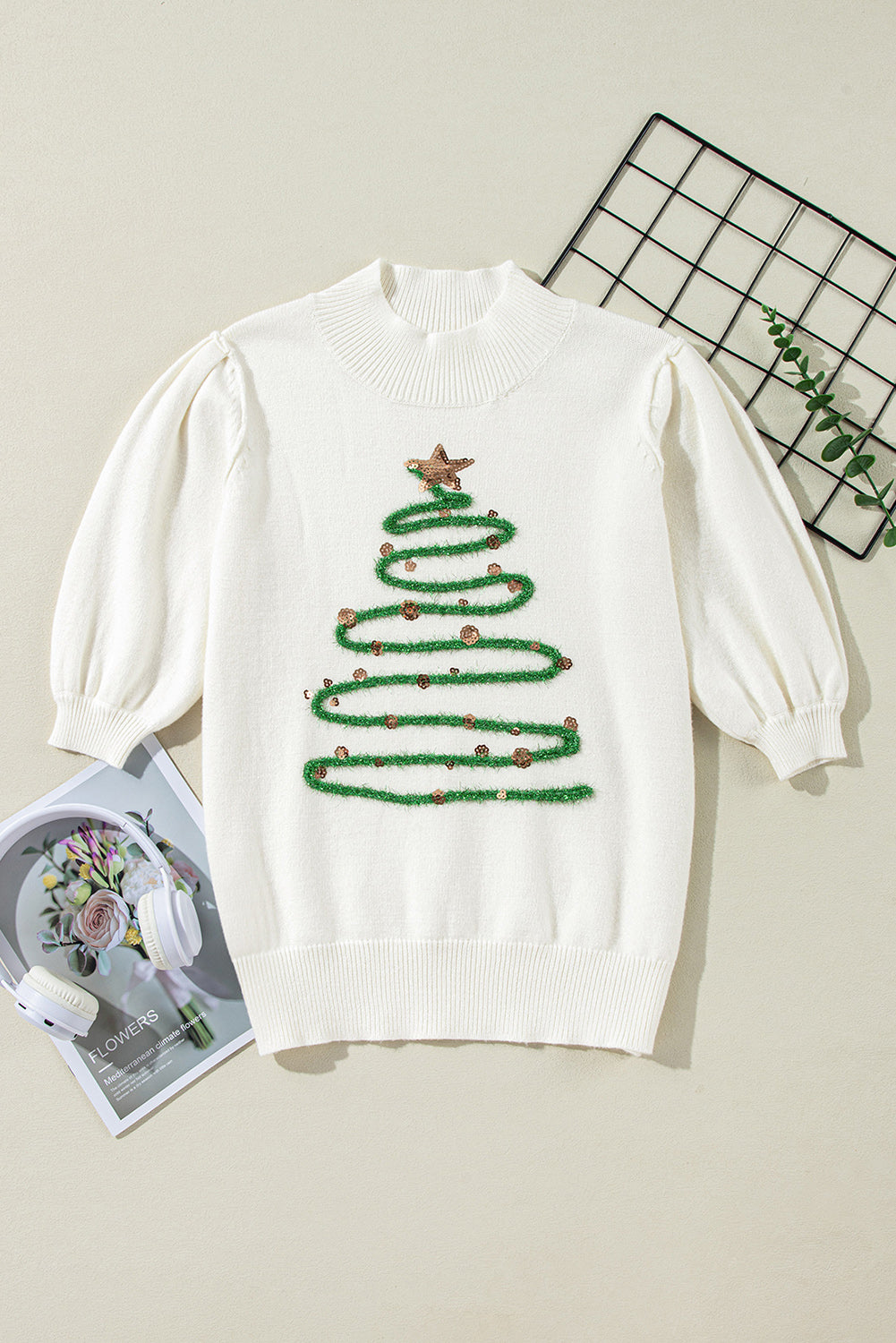 White Tinsel Christmas Tree Graphic Short Sleeve Sweater