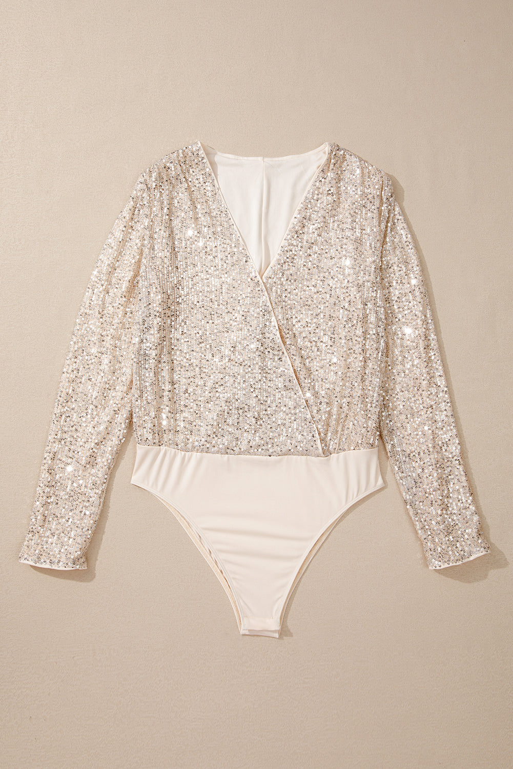 Champagne Sequin Long Sleeve Wrap V-Neck Bodysuit