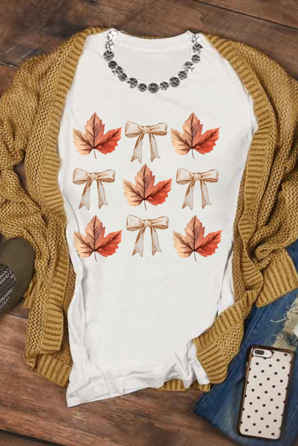 White Fall Leaf & Bow Print Cuffed Tee