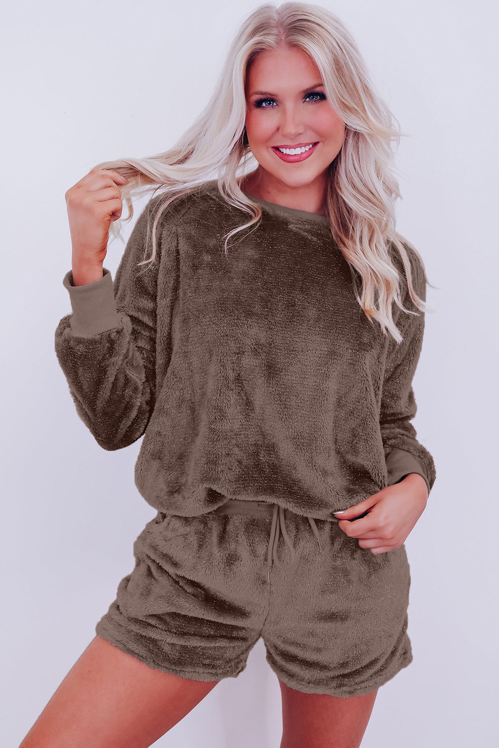 Brown Fleece Long-sleeve Top & Shorts Set