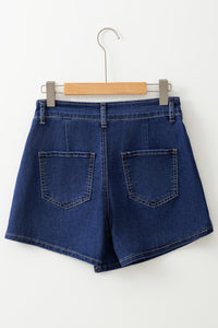 Dark Wash Asymmetrical Wrap-over Front Buttoned Denim Shorts