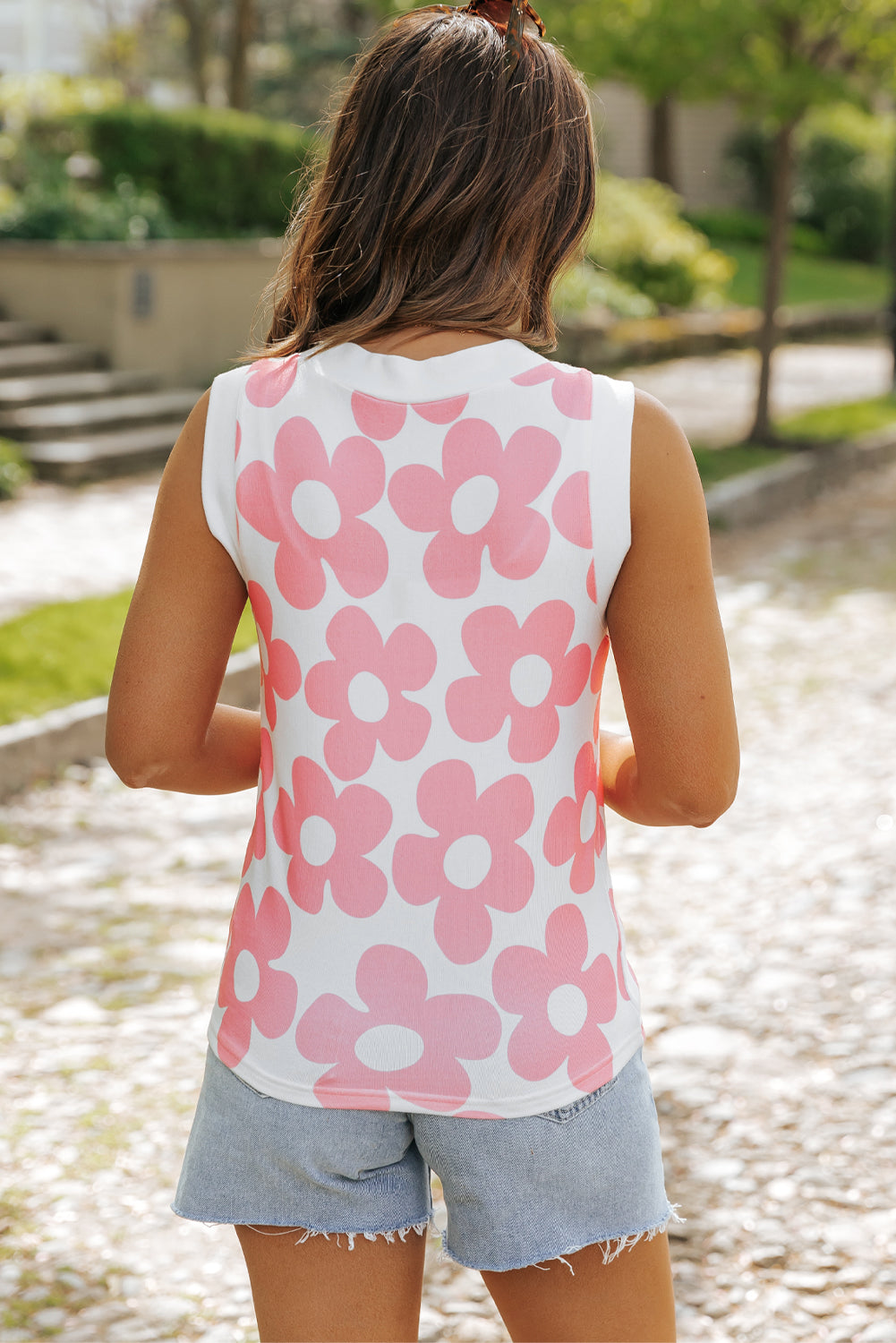 Pink Cute Flower V-Neck Knit Tank Top