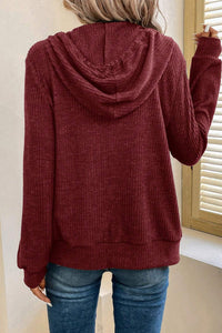 Burgundy Ribbed Zip Up Front Drawstring Hoodie