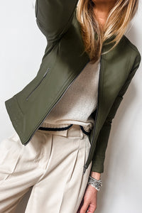 Olive Green Faux Leather Zip Up Slim Fit Jacket