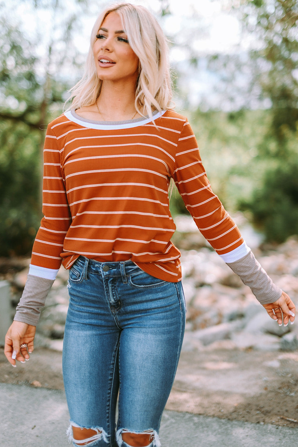 Rust Striped Color Block Long Sleeve  Rib Knit Shirt