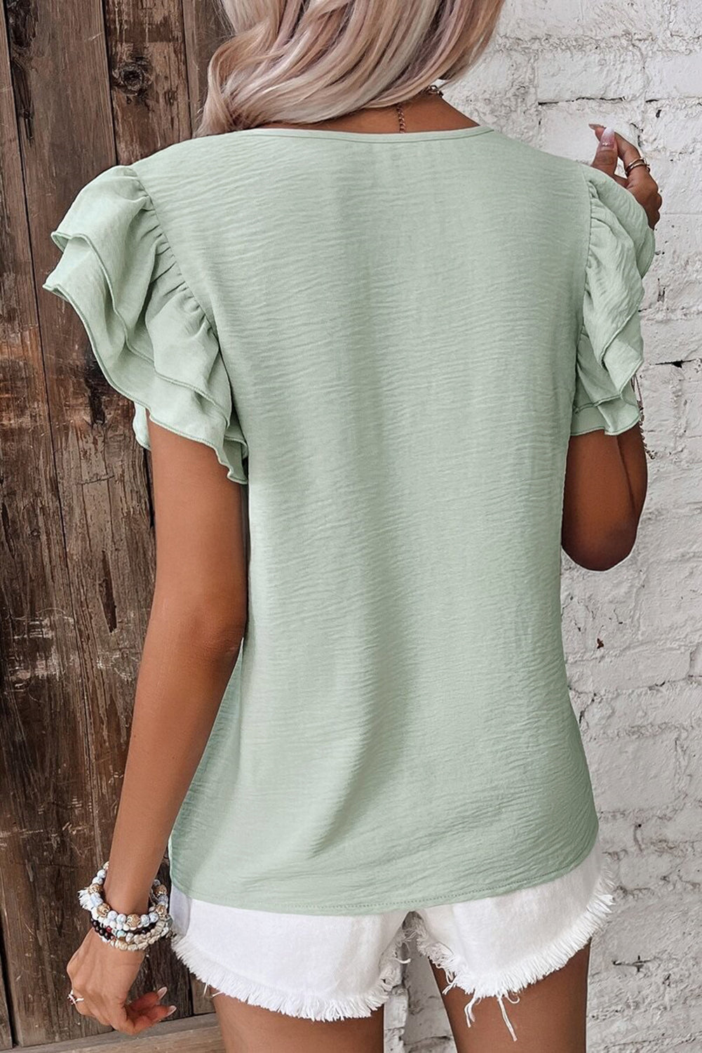 Sage Ruffled Cap Sleeve Textured Blouse