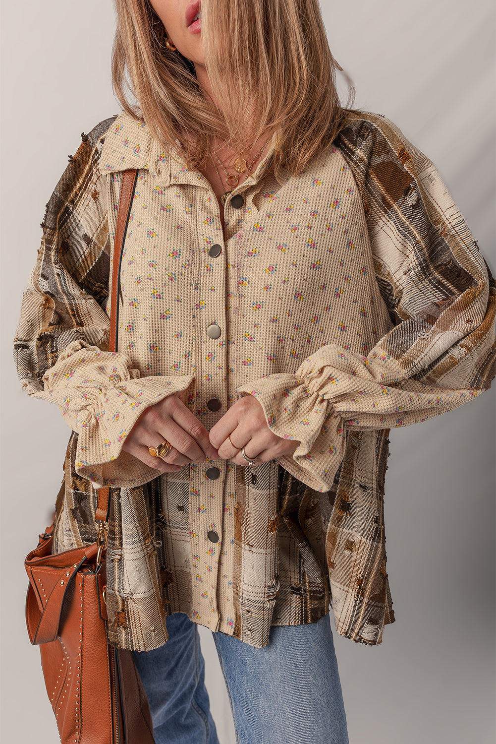 Brown and Beige Mini Floral Plaid Patchwork Distressed Ruffly Waffle Knit Shacket