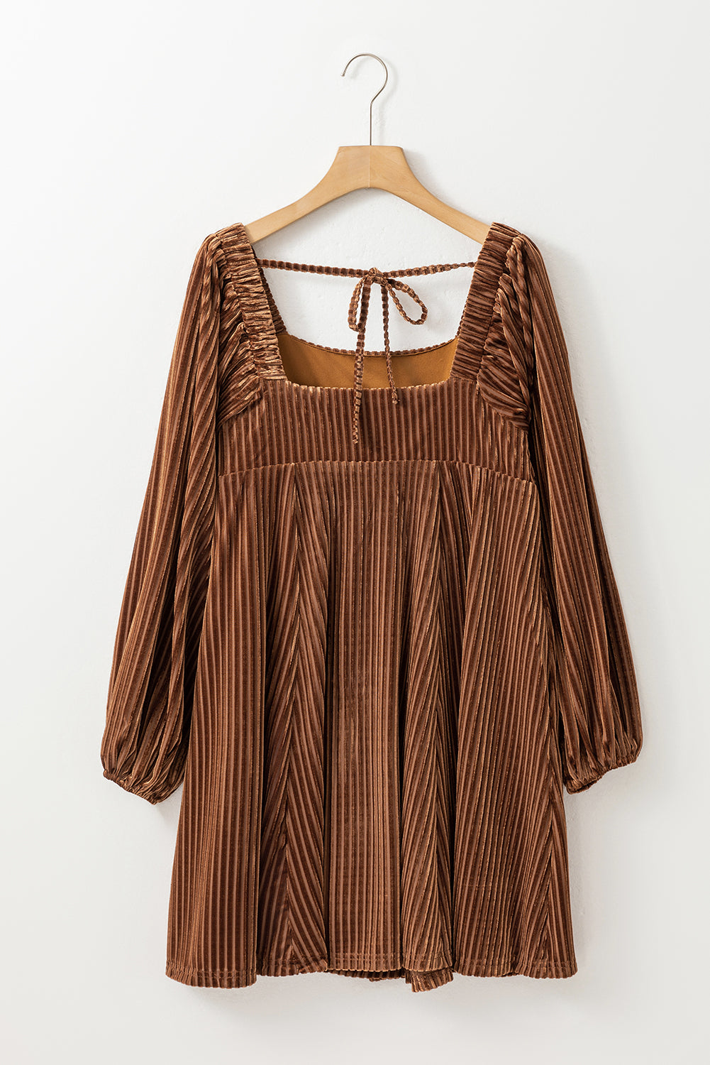 Brown Tie Back Square Neck Textured Velour Babydoll Dress