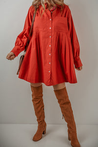 Rustic Red Bishop Sleeve Button Up Pleated Cotton Linen Mini Shirt Dress