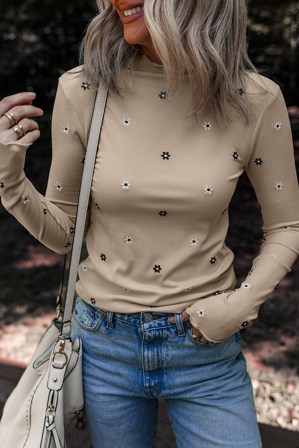 Beige Rib Knit Long Sleeve Mini Embroidered Floral Top