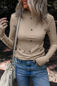 Beige Rib Knit Long Sleeve Mini Embroidered Floral Top