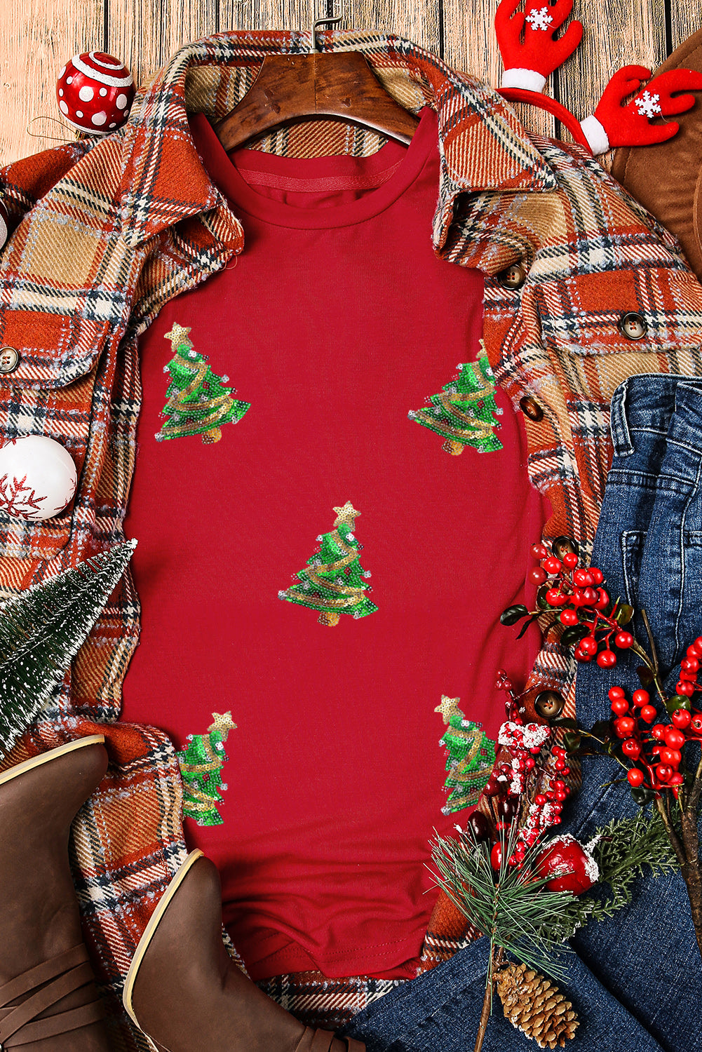 Red with Sequined Christmas Trees Crewneck T-Shirt