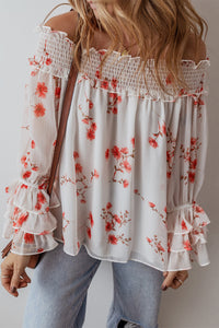 White and Orange Floral Print Shirred Off Shoulder Ruffled Sleeve Blouse