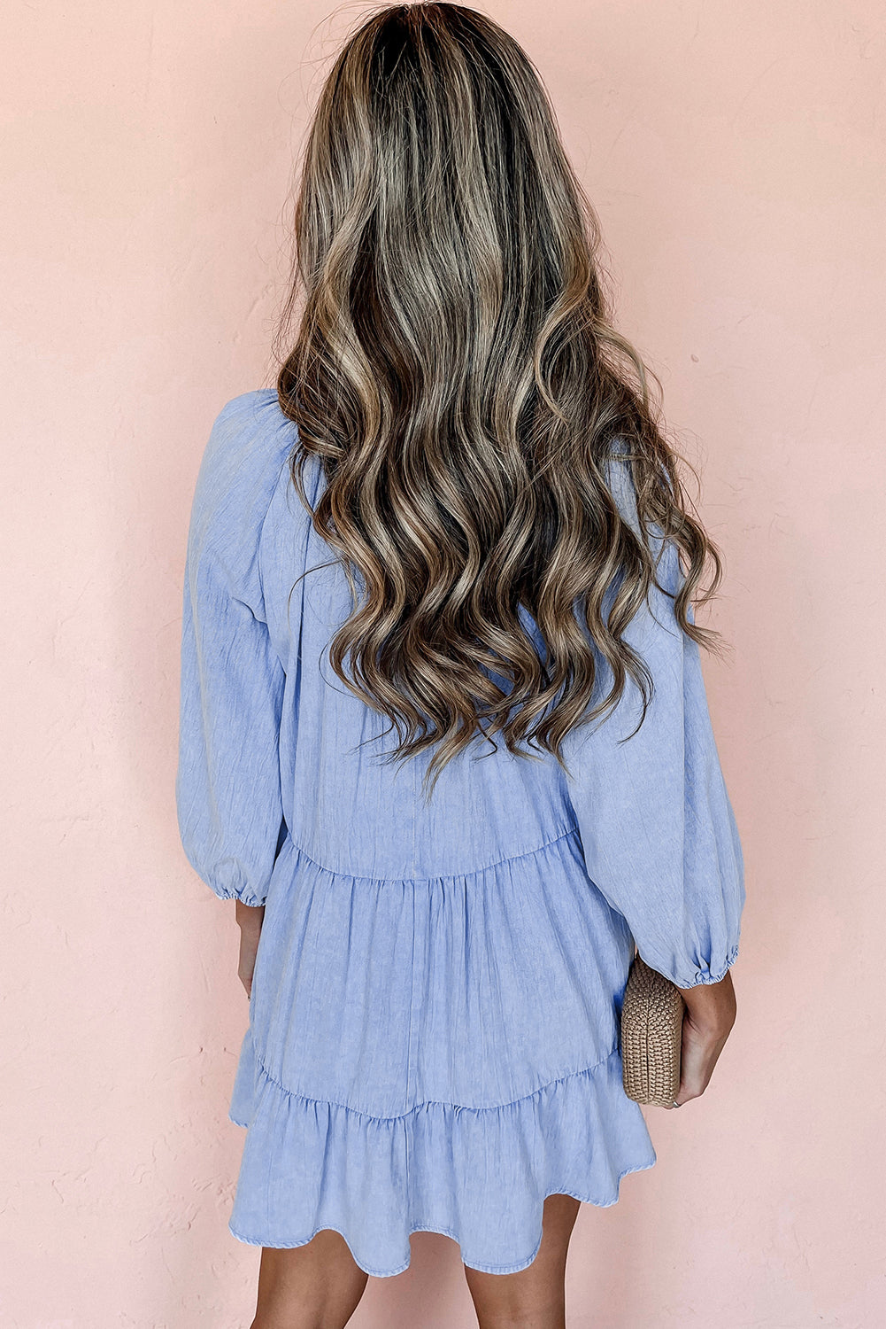 Blue Puff Sleeve V-Neck Tiered Ruffled Chambray Mini Dress